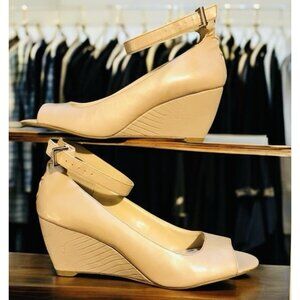 Enzo Angiolini Ankle Strap Wedge Heels Shoes Size 9.5 M Open Peep Toe Tan Beige